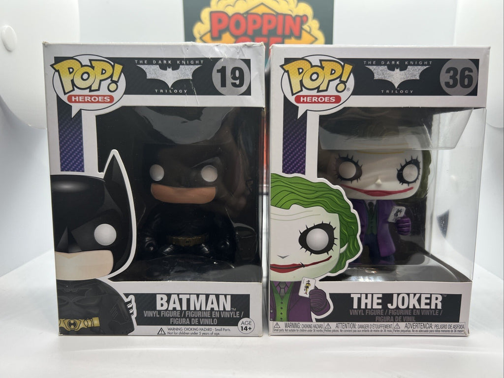*Rare* Dark Knight Trilogy: Batman #19 & The Joker #36 Funko Pops Boxes Not Mint