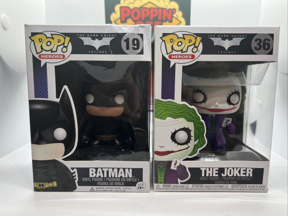 *Rare* Dark Knight Trilogy: Batman #19 & The Joker #36 Funko Pops Boxes Not Mint