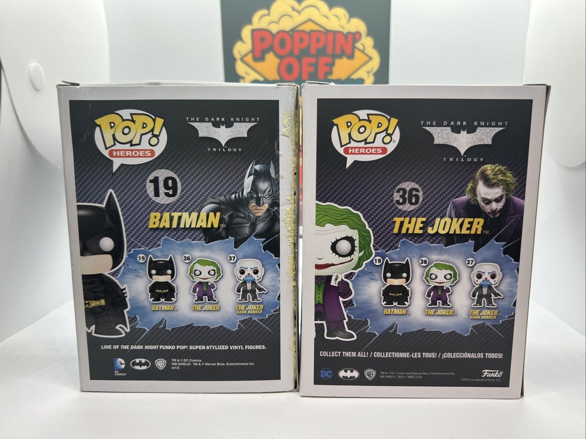 *Rare* Dark Knight Trilogy: Batman #19 & The Joker #36 Funko Pops Boxes Not Mint